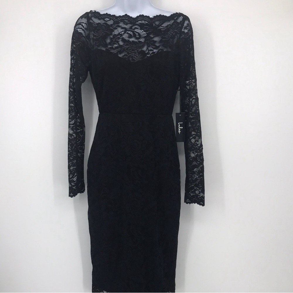 Lulus Black Lace  Overlay Long Sleeve Bodycon Dress Size S NWT